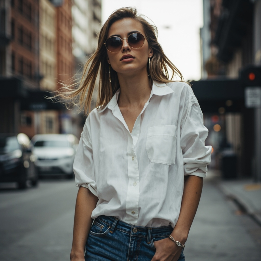 漫步都市：白衬衫与墨镜的极简随性美