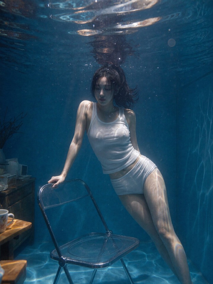 纯白背心短裤水下失重光影，清冷孤寂日常衣物超现实诗意氛围