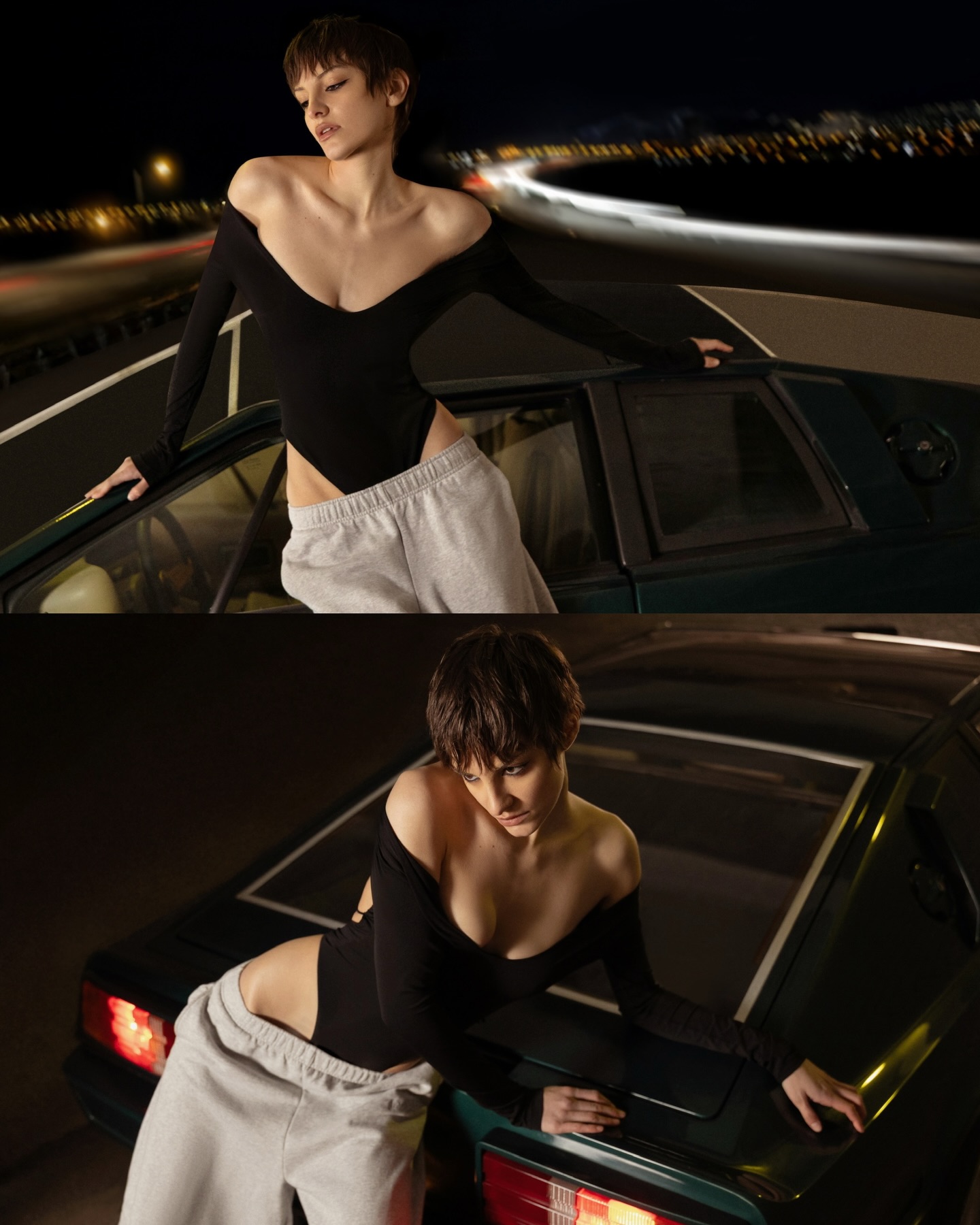 黑色露肩深V紧身衣单侧长袖，夜间公路车灯流光冷冽性感杂志感-街拍look