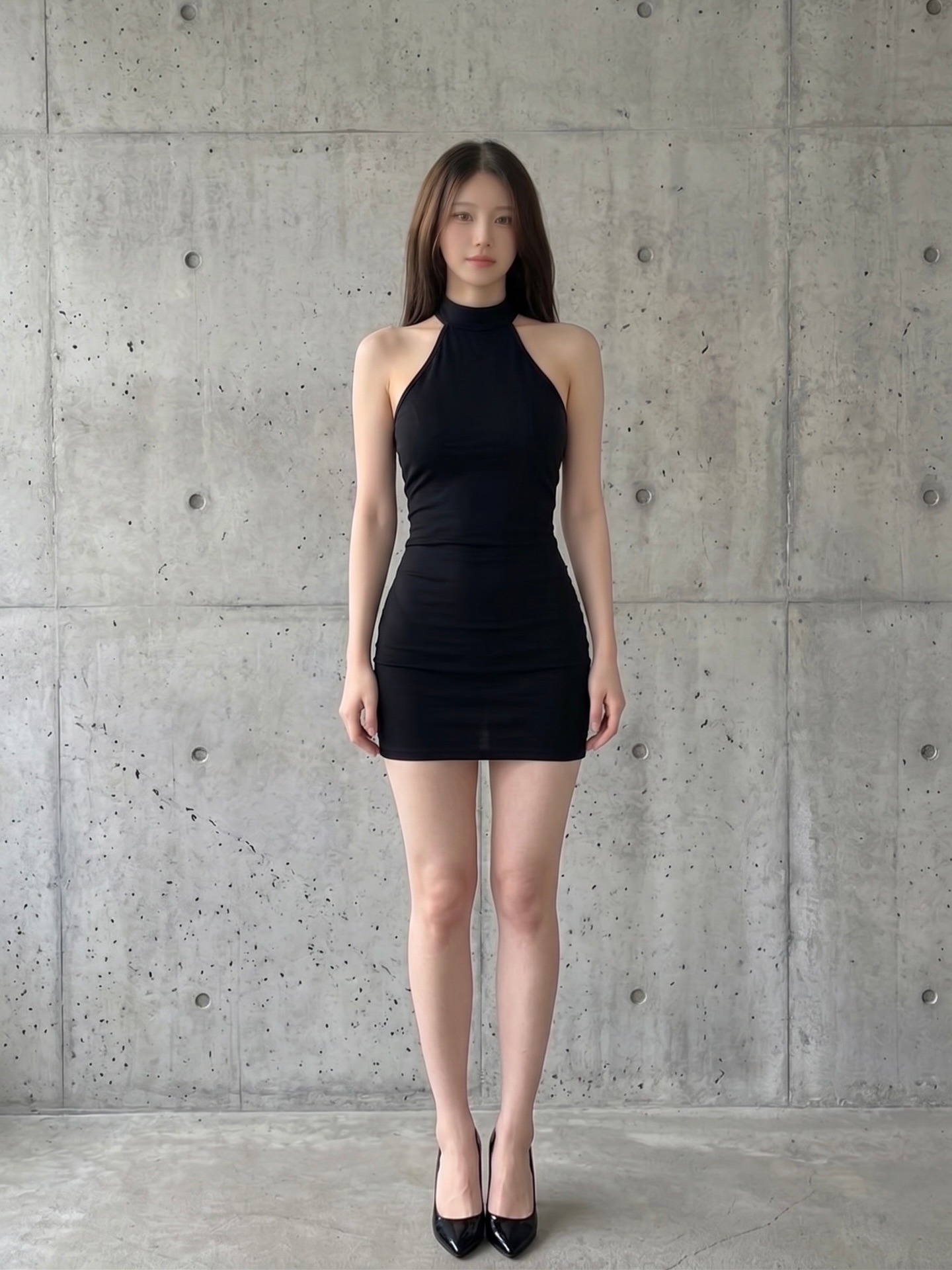 申有娜（Yuna）黑色挂脖紧身迷你裙全黑极简造型