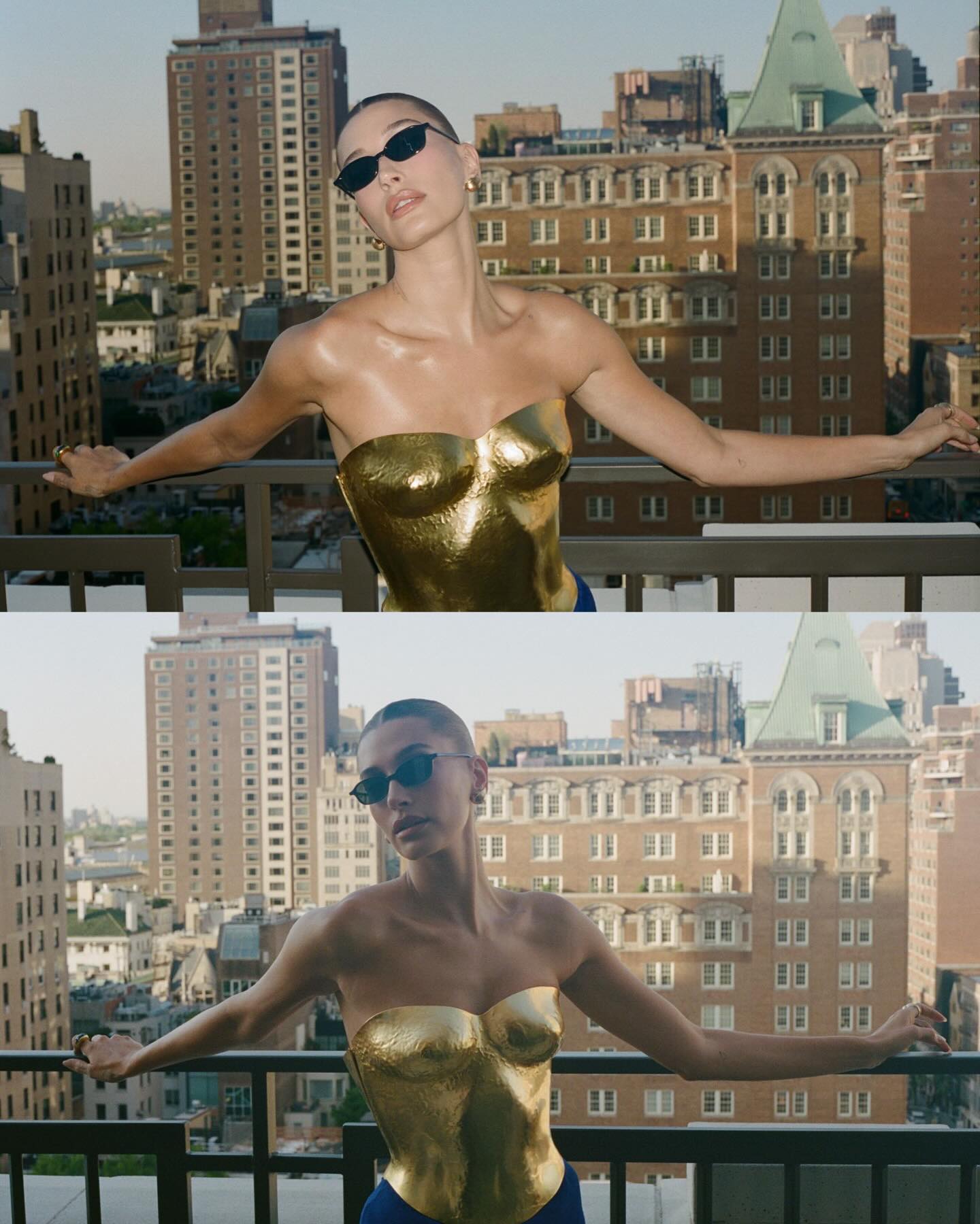 Hailey Bieber金色锤纹胸衣配宝蓝长裙圣蓝头纱高定造型