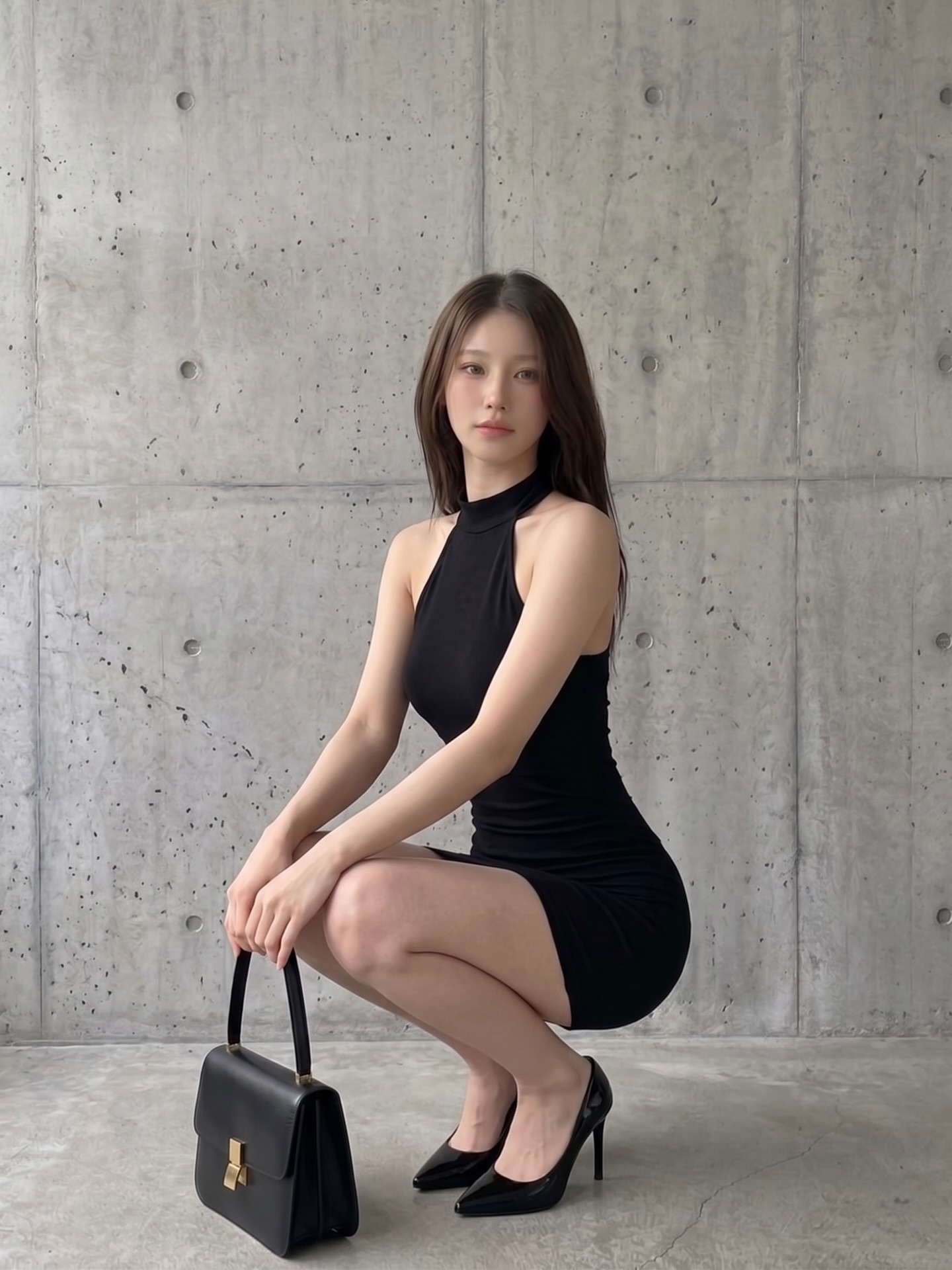 申有娜黑色挂脖紧身超短裙配硬箱手提包极简禁欲风