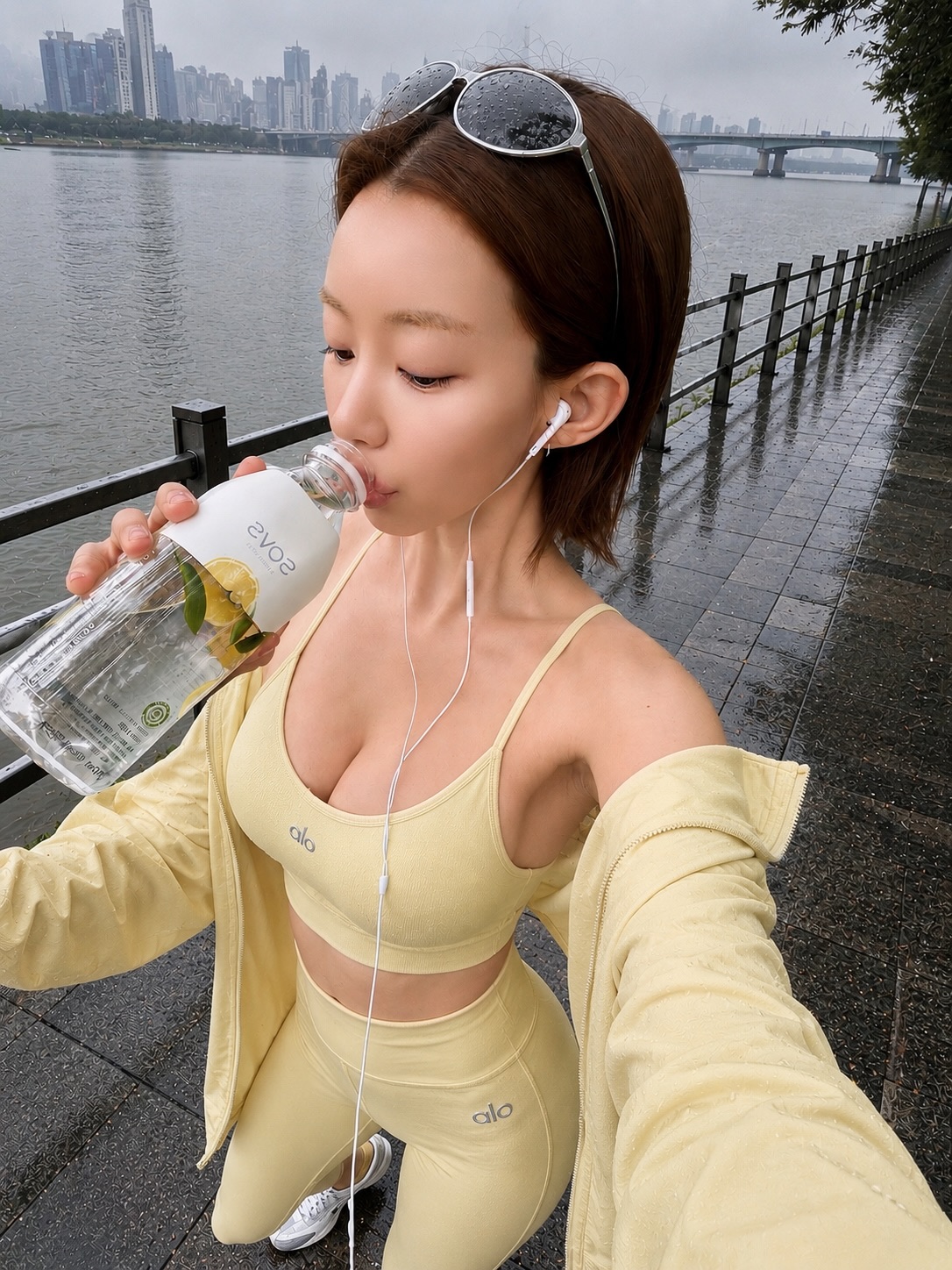 Alo Yoga奶油黄运动套装，vivamoon韩系健身风雨中漫步穿搭