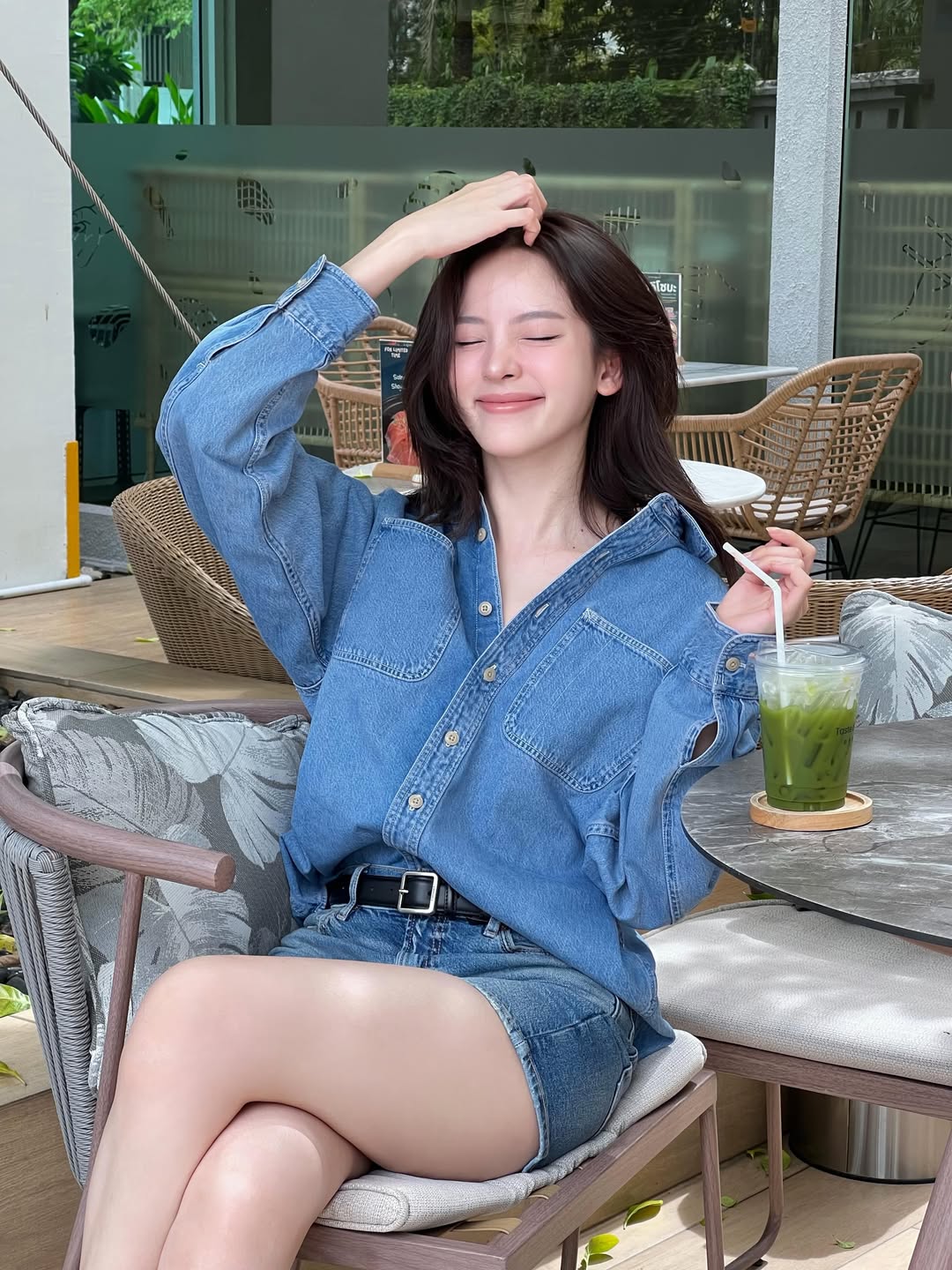 成套丹宁宽松衬衫配高腰短裤，nychaa韩系极简Clean Fit穿搭