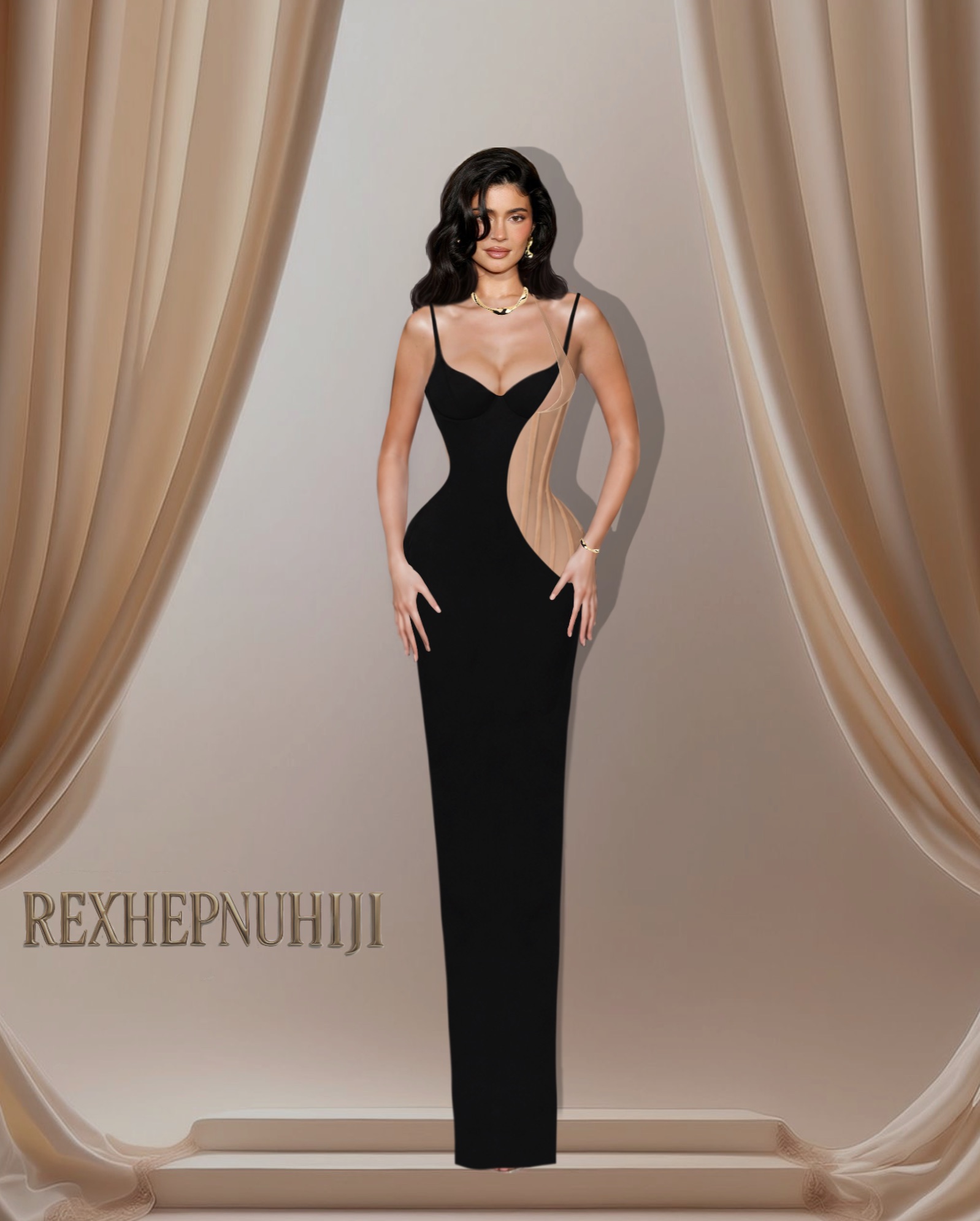 rexhepnuhiji黑色吊带紧身裙配网纱拼接，红毯复古名伶沙漏曲线