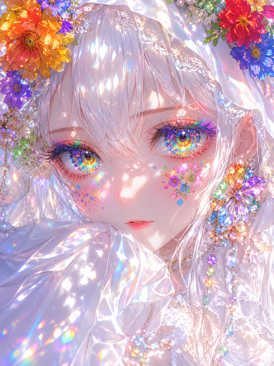 梦幻少女插画：白色蕾丝头纱配彩色花朵，唯美浪漫童话风