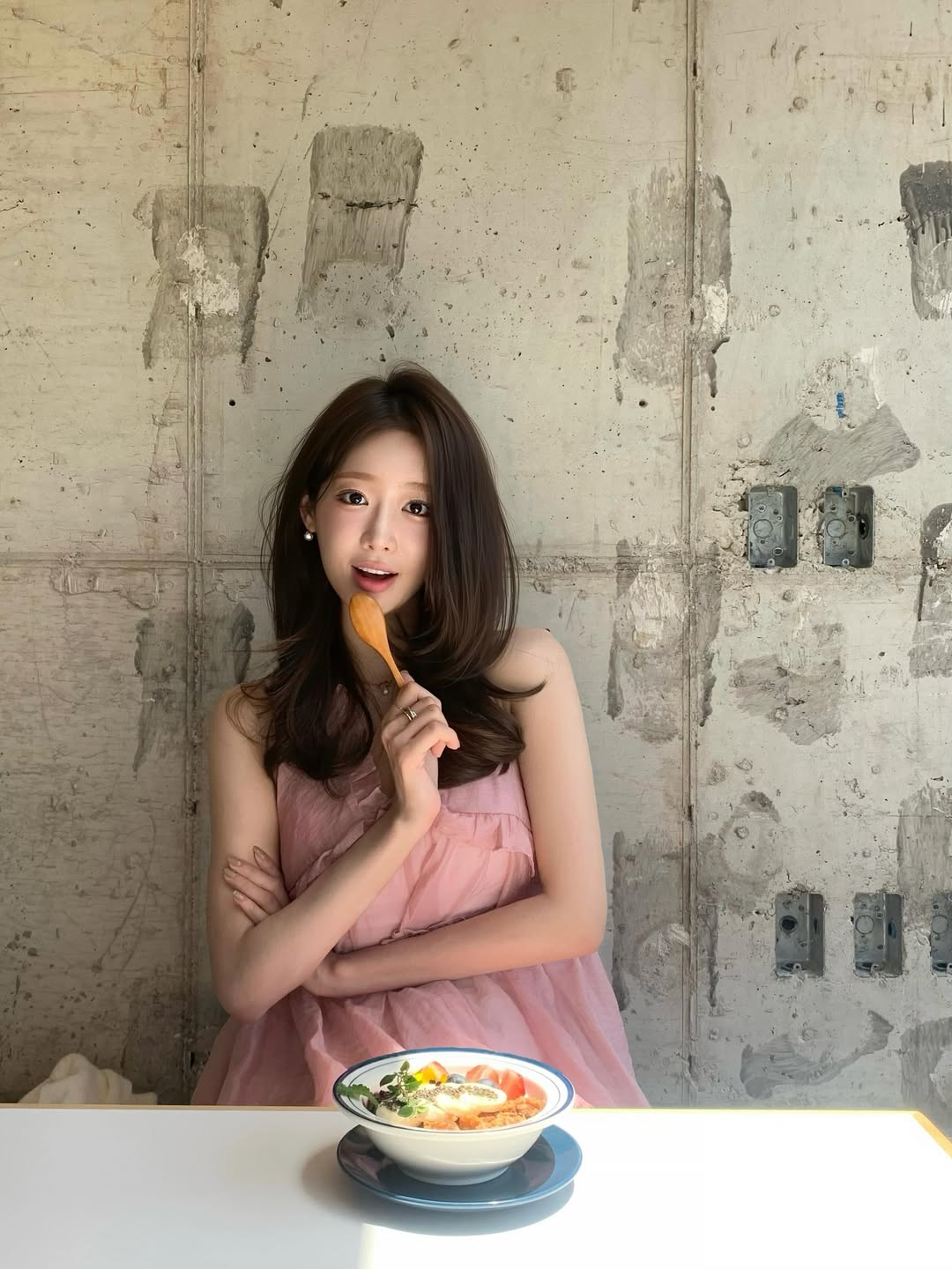yuleumn雾霾粉褶皱肌理吊带娃娃裙配珍珠耳钉，韩系少女Clean Girl brunch松弛风