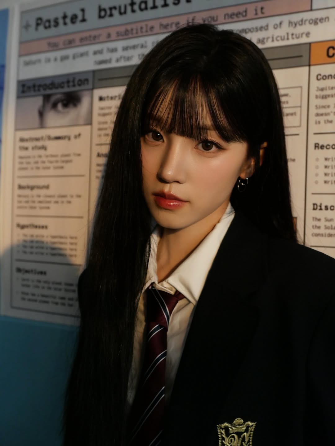 韩系藏青制服外套配酒红领带，学院风女团感-街拍look