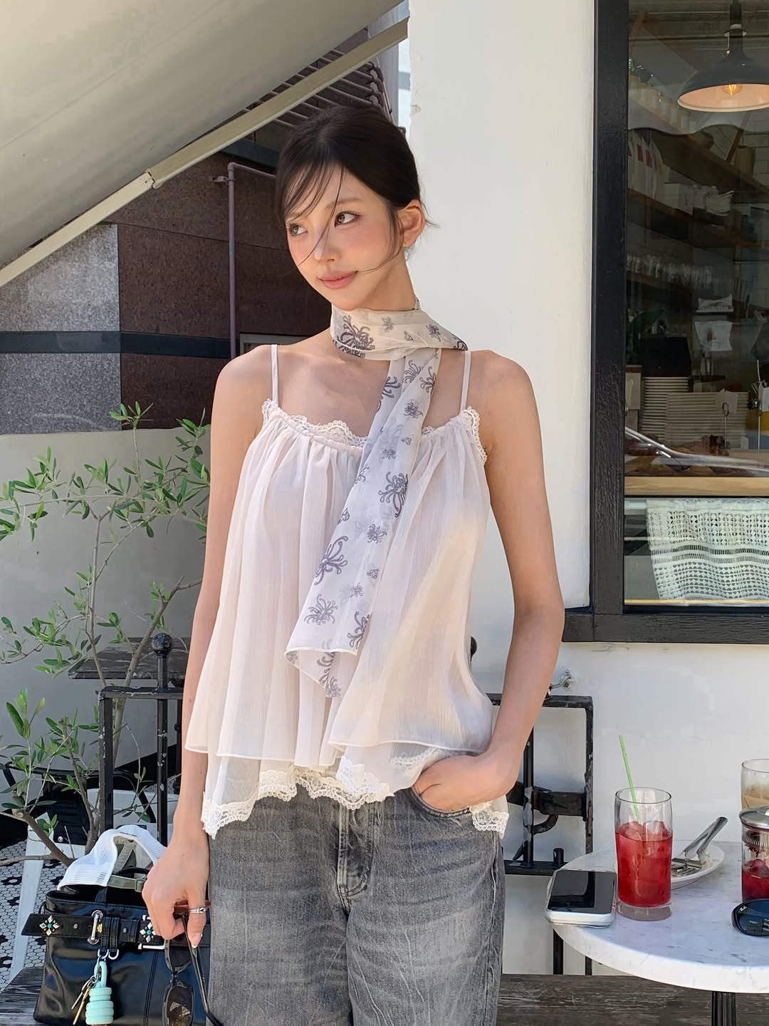 Goxnniee蕾丝吊带背心配水洗牛仔裤韩系温柔风