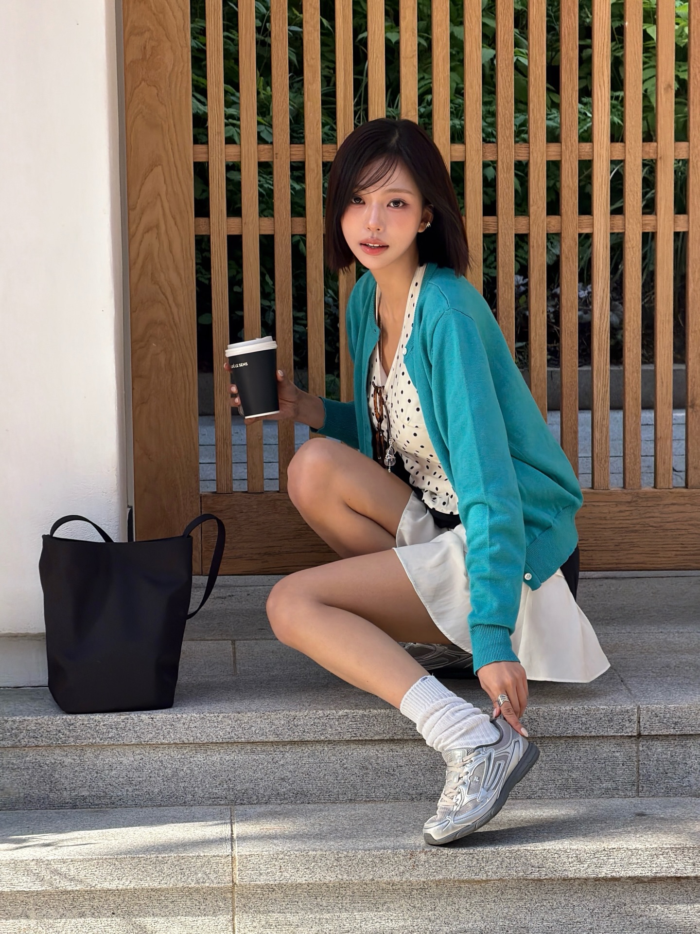 goxnniee 蓝绿色针织开衫搭波点内搭，少女学院韩系风