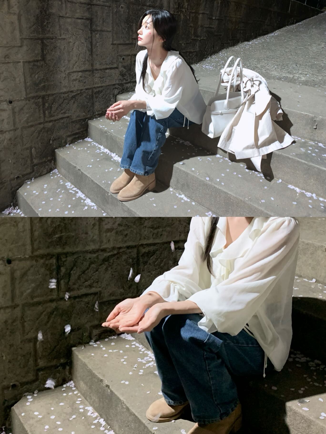 imjoo米白衬衫配牛仔裤，樱花季休闲穿搭