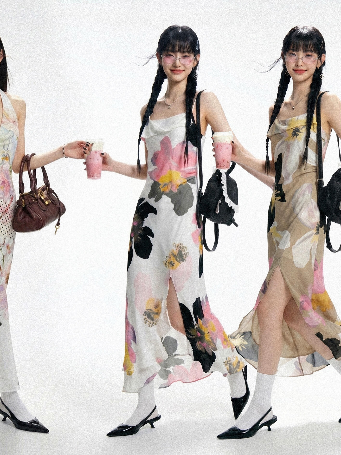 emxinh.outfit 大花卉吊带长裙配白袜尖头跟鞋，Y2K甜酷少女风
