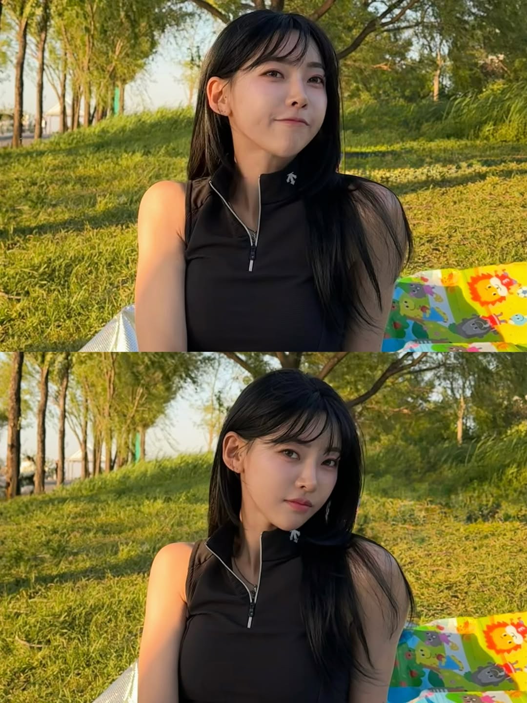 arb0r_day 黑色半拉链无袖运动背心，夕阳草坪的清爽素颜日常