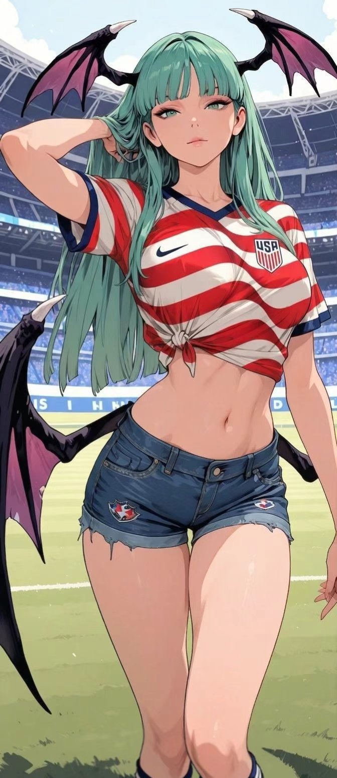 绿发恶魔少女美国球衣运动场写真，蝙蝠翅膀配热裤邪魅活力-街拍look
