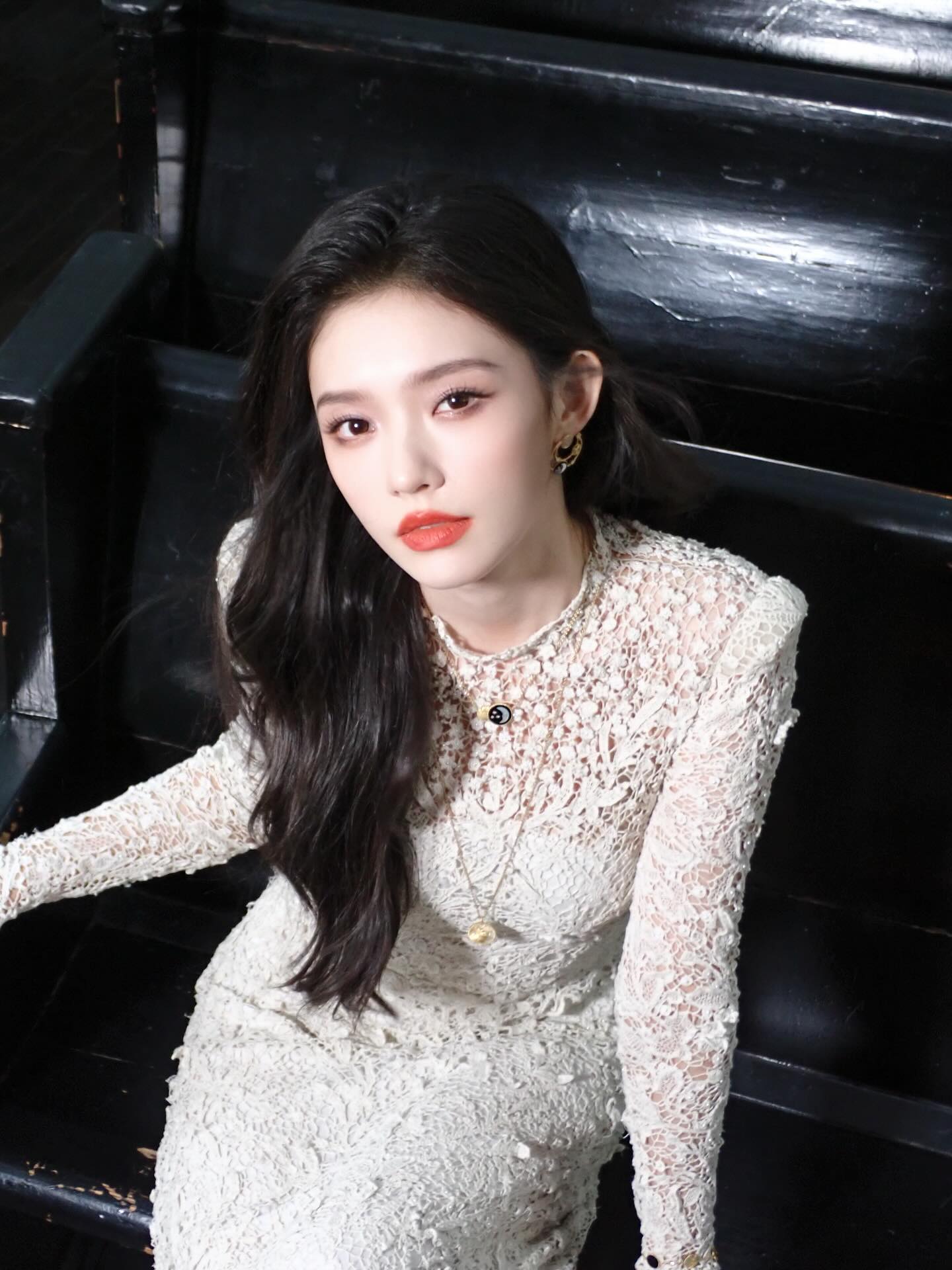 白色高领蕾丝长袖裙 jellylinyun 浪漫蕾丝
