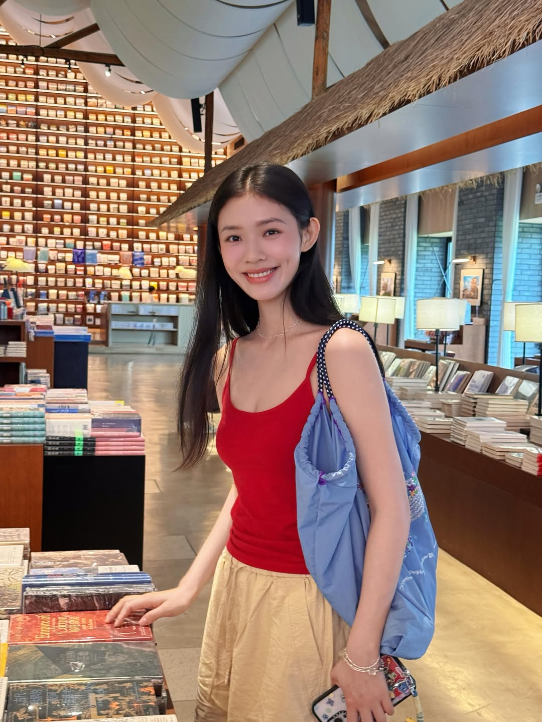 红色罗纹吊带配宽腿裤 jellylinyun 书店休闲